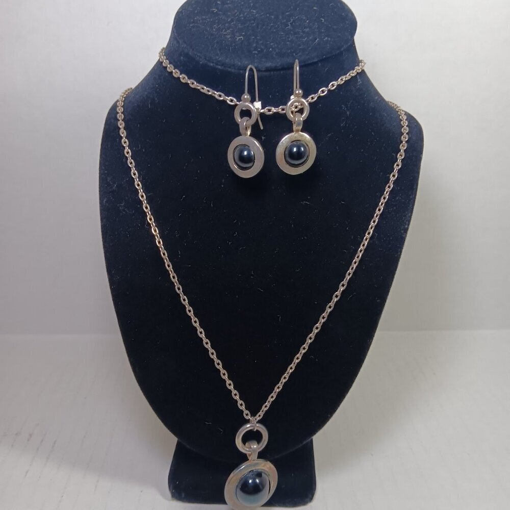 Vtg Sterling?? Untested Natural Hematite Oval Pendant on Rope Chain And Earrings